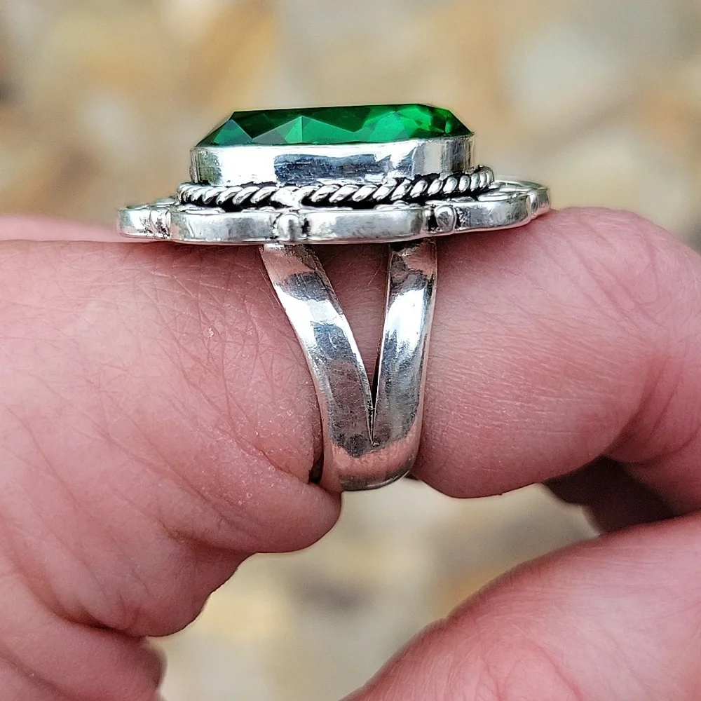 Faceted Synthetic Emerald Sterling Silver Ring